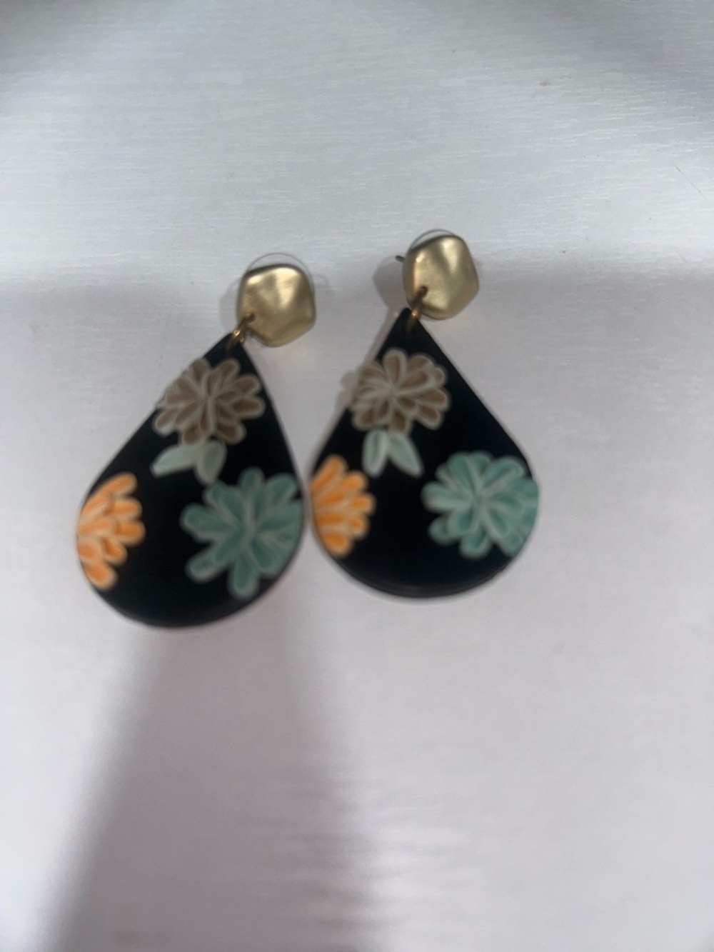 Hand Crafted Black Teardrop Earrings with Mint Green & Orange Floral Accents